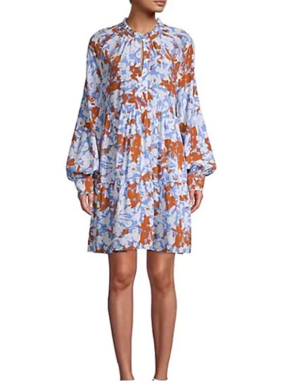 Light Blue Floral Tiered Mini Dress with Rust Accents